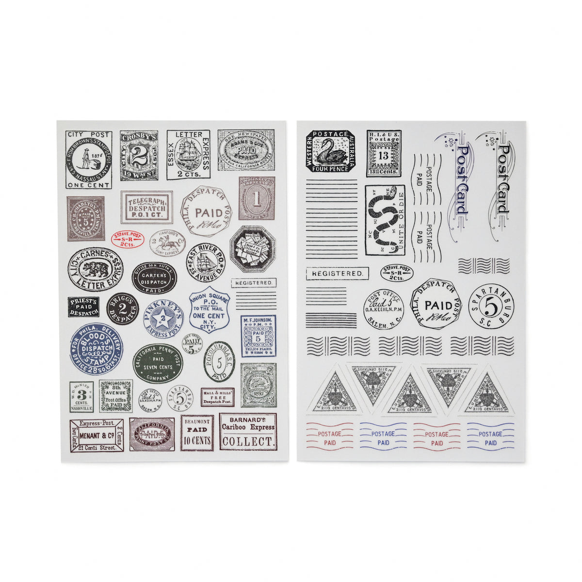 Vintage postmark and postage stamp rub-on sticker sheets