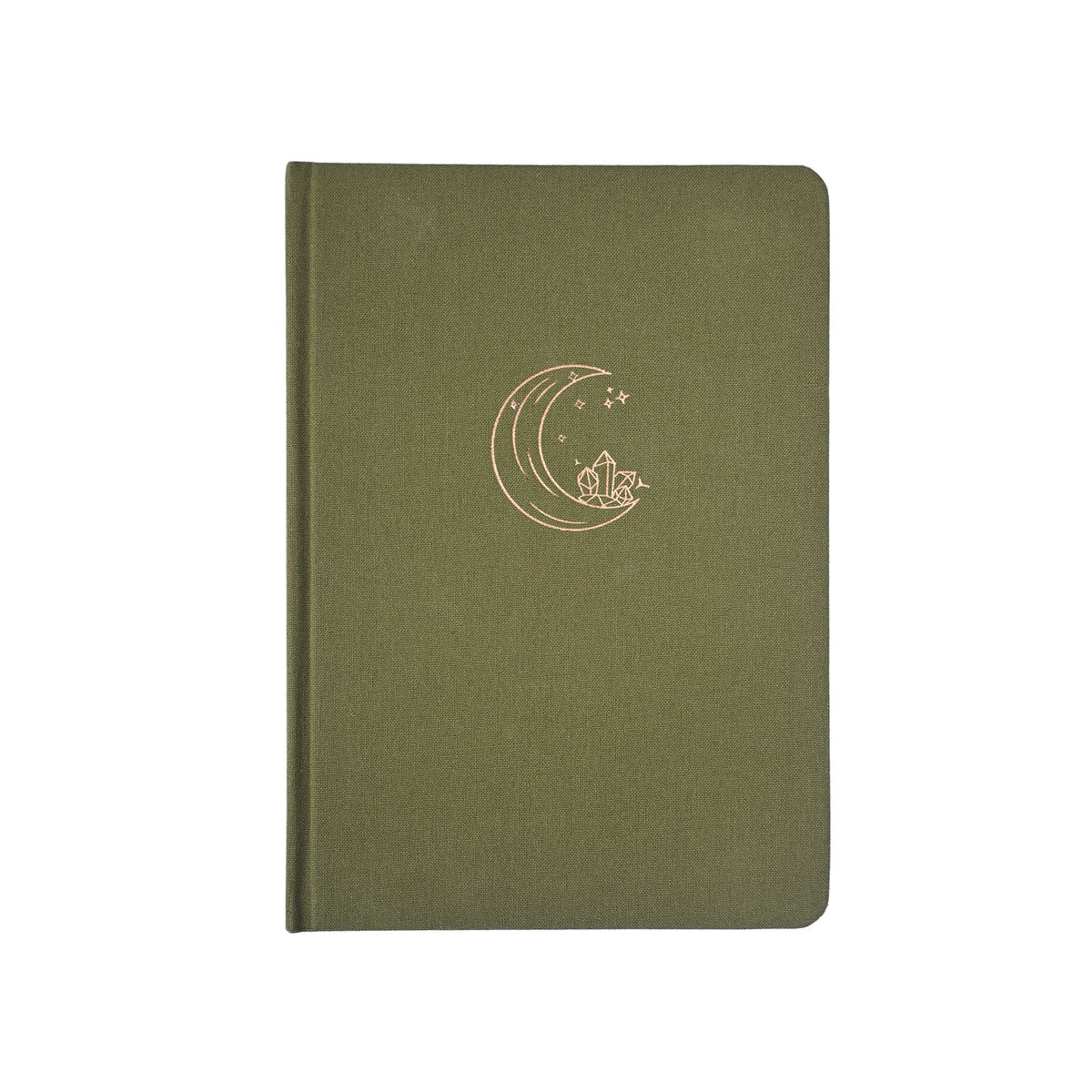 Moss green fabric A5 journal with crescent moon and crystal motif