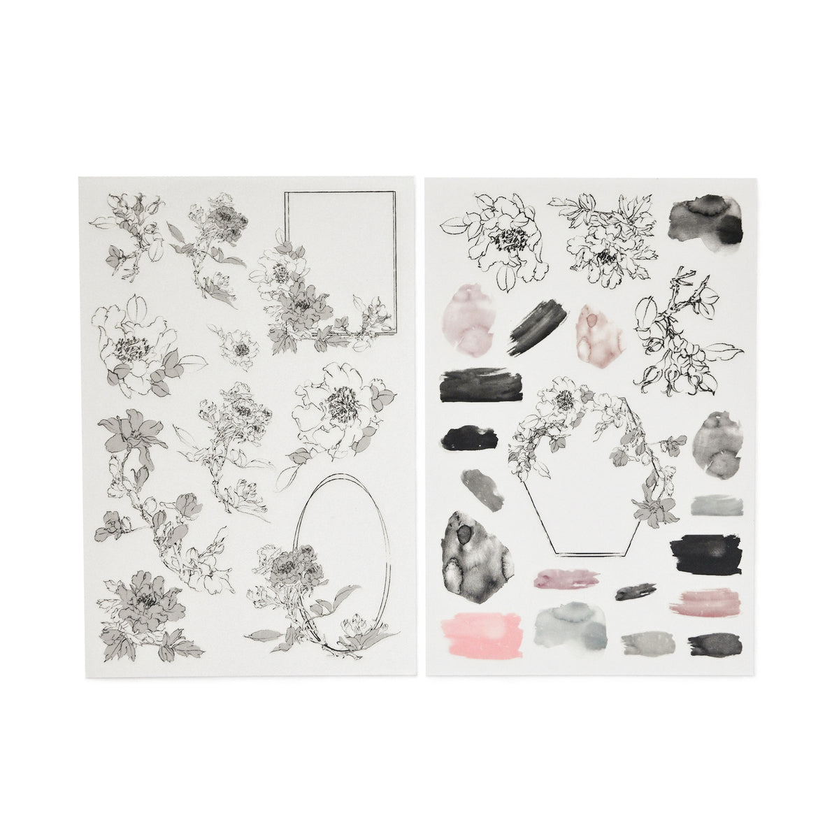 Delicate floral rub-on stickers with fine ink drawings and muted colors