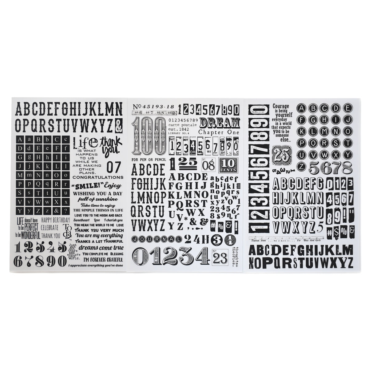 Vintage typography rub-on stickers featuring letters and numbers