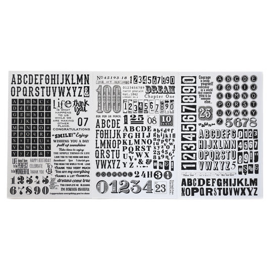 Vintage typography rub-on stickers featuring letters and numbers