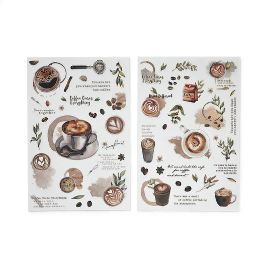Coffee-themed rub-on stickers with latte art, coffee beans and leafy sprigs