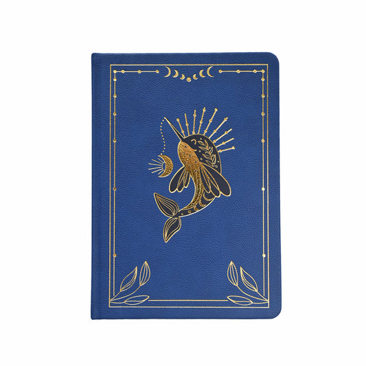 Navy blue A5 journal with gold whale and moon phase design
