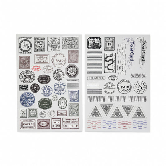 Vintage postmark and postage stamp rub-on sticker sheets