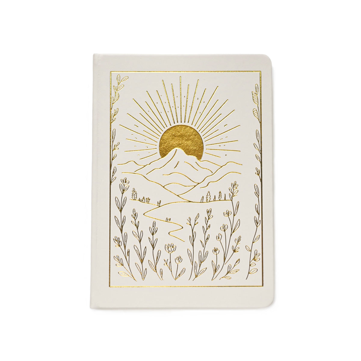 Ivory A5 journal with golden sun, mountains and wildflower design