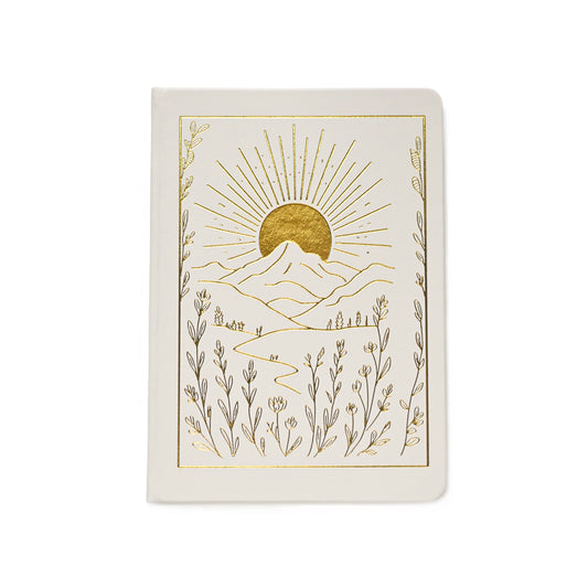 Ivory A5 journal with golden sun, mountains and wildflower design
