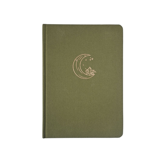 Moss green fabric A5 journal with crescent moon and crystal motif