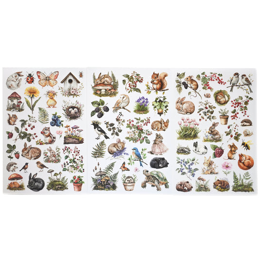 Woodland rub-on stickers with rabbits, birds, ferns, mushrooms and flowers