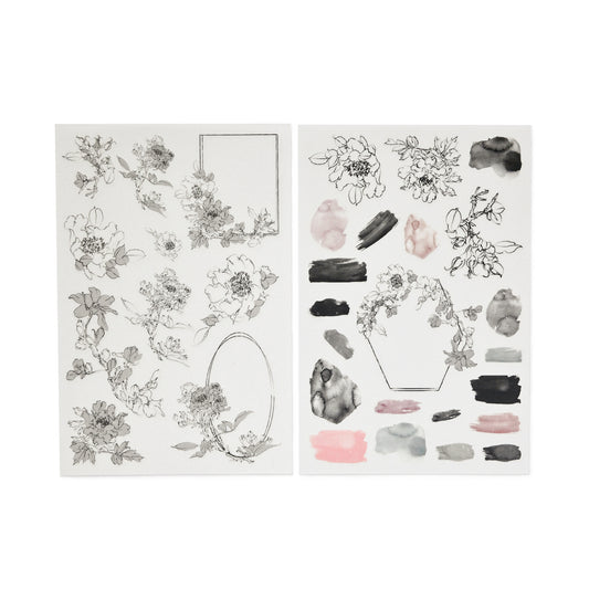 Delicate floral rub-on stickers with fine ink drawings and muted colors