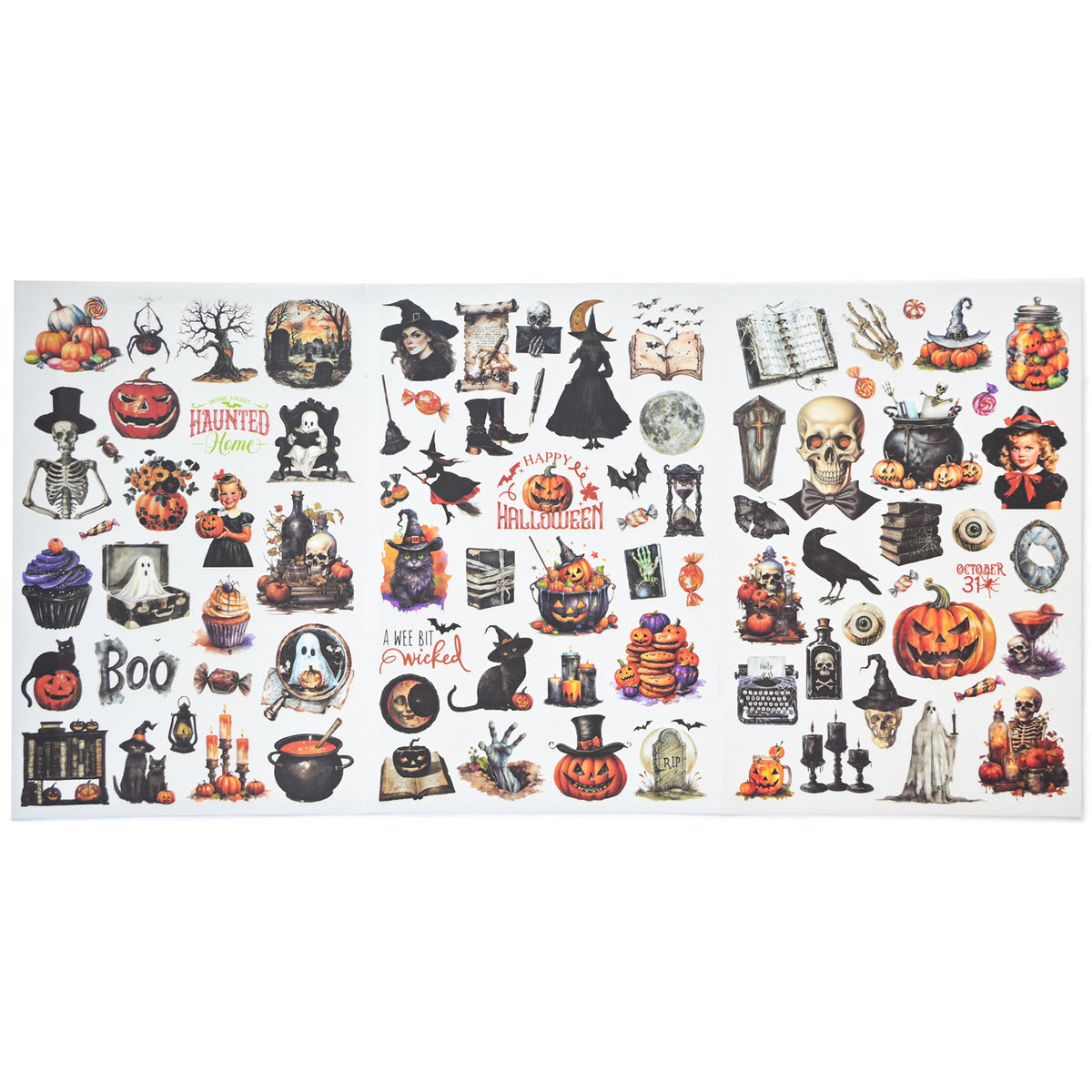 Halloween rub-on stickers with witches, black cats, pumpkins and ghosts