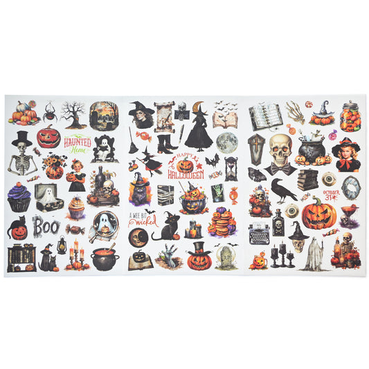 Halloween rub-on stickers with witches, black cats, pumpkins and ghosts