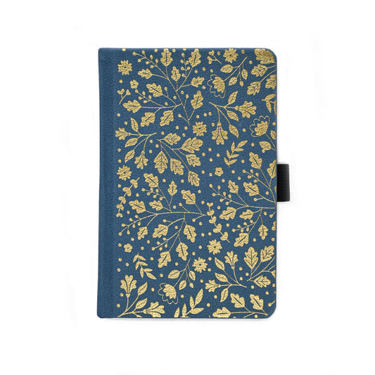Blue mini dot grid journal with gold botanical wildflowers