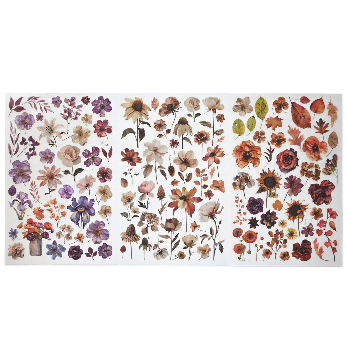 Autumn floral rub-on stickers featuring faded blooms and warm-toned leaves